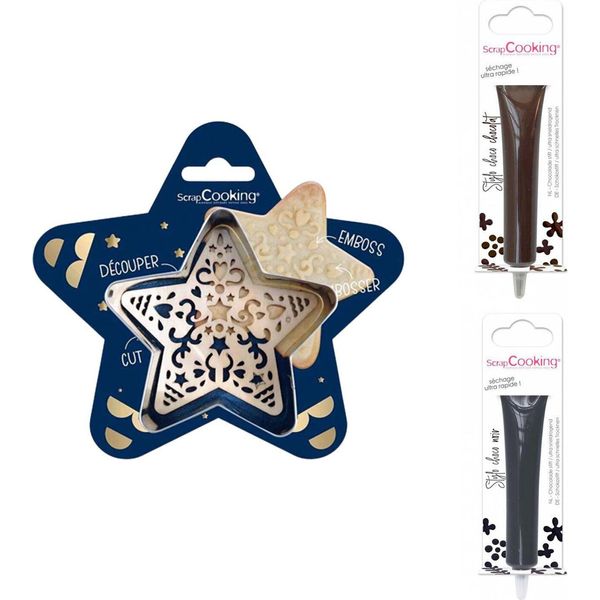 Set Di Biscotti A Forma Di Stella In Rilievo + 2 Penne Di Cioccolato Marroni E Nere-image