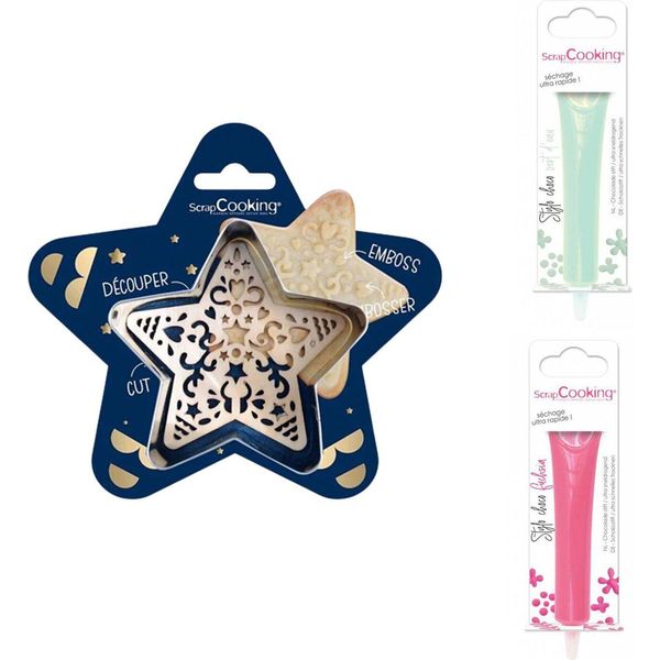 Set Di Biscotti Con Rilievo A Forma Di Stella + 2 Penne Di Cioccolato Color Verde Acqua E Fucsia-image