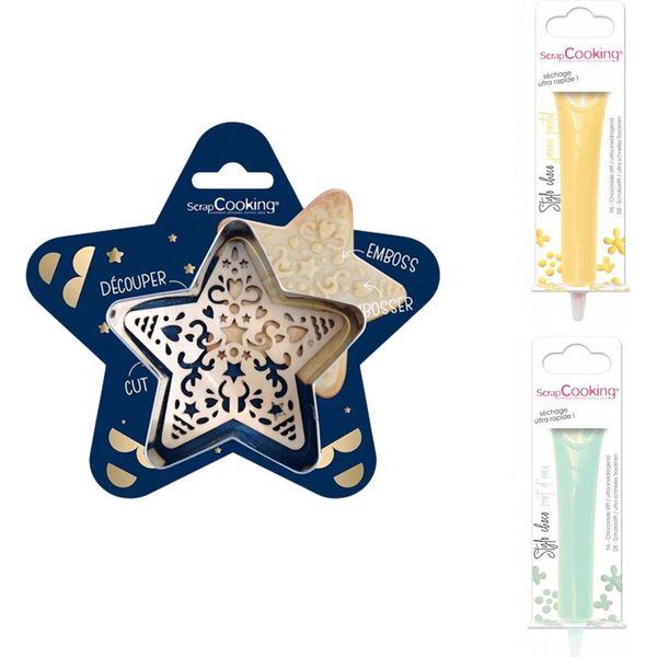 Set Di Biscotti A Forma Di Stella In Rilievo + 2 Penne Di Cioccolato Giallo Pastello E Verde Acqua-image