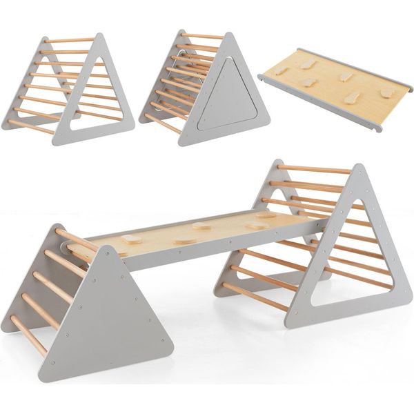 Costway 3 In 1 Triangolo Di Arrampicata & Scala & Scivolo, Struttura Di Arrampicata Con Rampa Bifacciale, Triangolo A Pioli Per Arrampicarsi E Scivolare, Per Bambini Dai 3 Anni (Grigio + Natura)-image