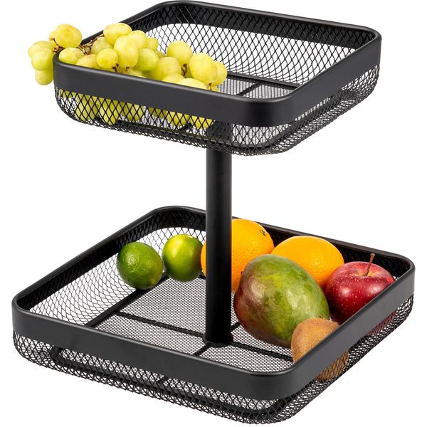 Eluno Fruttiera Quadrata A 2 Livelli / Cesto Per Il Pane, Fruttiera, Cesto Per La Frutta In Metallo Nero-image