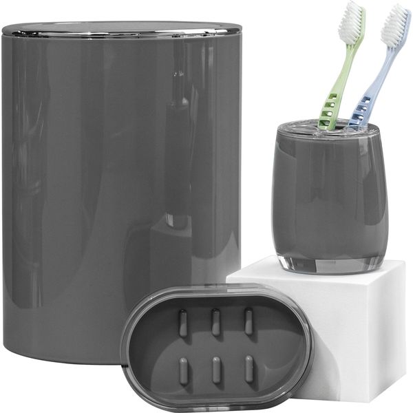Bremermann Savona Serie Bagno - Accessori Da Bagno 3 Pezzi Contenitore Per Cosmetici Contenitore Per Spazzolini Portasapone In Plastica, Grigio-image