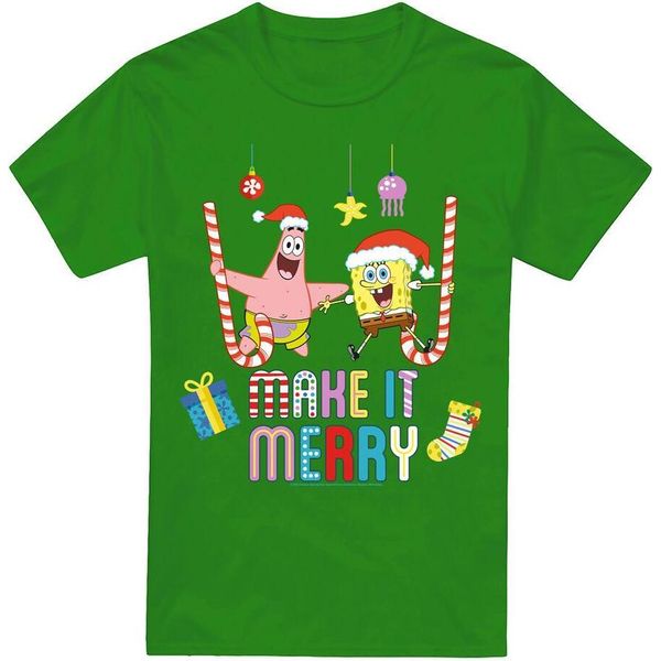 Spongebob Squarepants - Maglietta "Make It Merry"" Da Uomo - Design Natalizio TV6337 (3XL) (Verde Irlandese)"-image