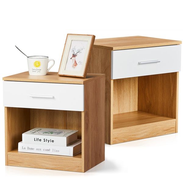 Fch Comodino, Con Cassetti Tavolino Comodino, 39 X 28 X 41 Cm, Quercia E Bianco/Quercia, 2PCS-image