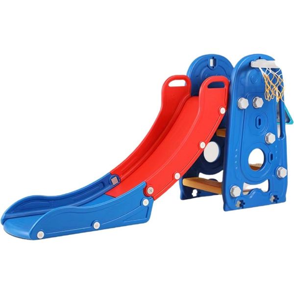 Happyment Scivolo 3 In 1 Con Canestro - Scivolo Pieghevole Per Bambini Per Interni Ed Esterni - Giocattolo Sicuro Per Bambini (1-6 Anni) - Blu E Rosso-image