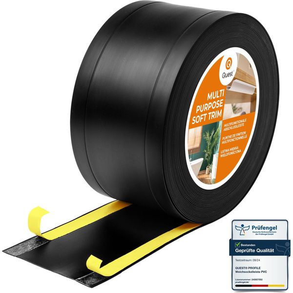 Quest Battiscopa Di Finitura W1 In Pvc 6 In 1 1X95Mm, 20M, Autoadesivo, Coprente, Battiscopa Flessibile Per Pavimenti E Pareti, Nero-image