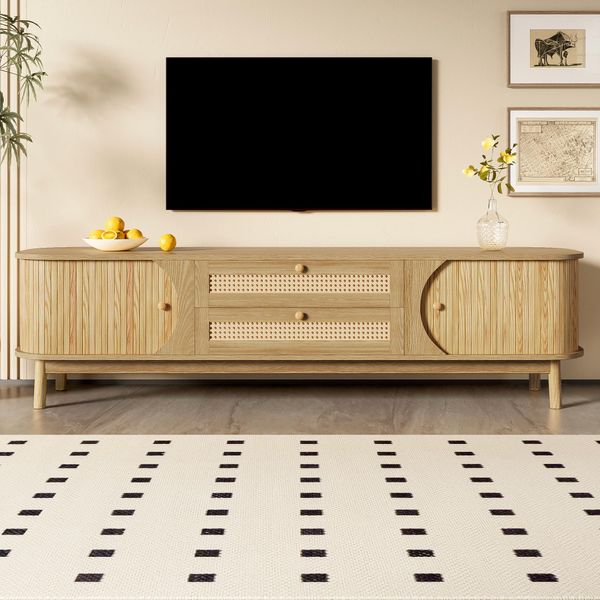 Mobile Tv Merax Con Superficie In Rattan, Mobile Tv Con Ante E Cassetti In Legno Massiccio, Porta Tv In Stile Country In Legno E Rattan, Finitura Naturale-image