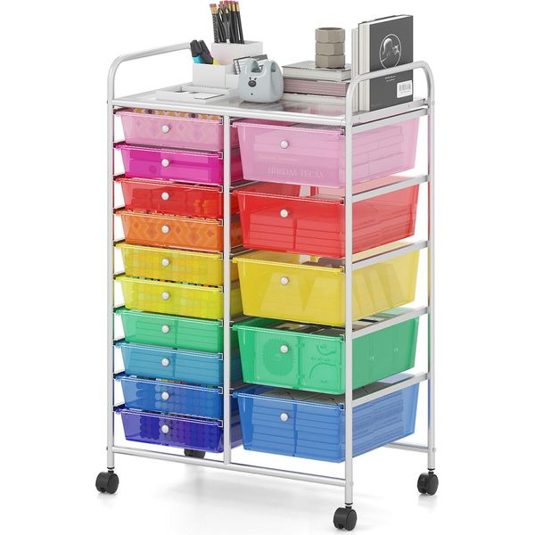 Carrello Costway Con 15 Cassetti, Carrello A Cassetti Con Struttura In Metallo E Ripiano, Carrello Portaoggetti Per Bagno, Arcobaleno-image