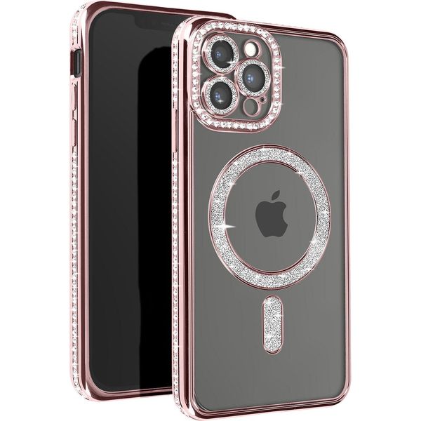 Avizar, Custodia Diamantata Per Iphone 13 Pro Max - Protezione Magsafe Con Bordo In Strass, Oro Rosa-image