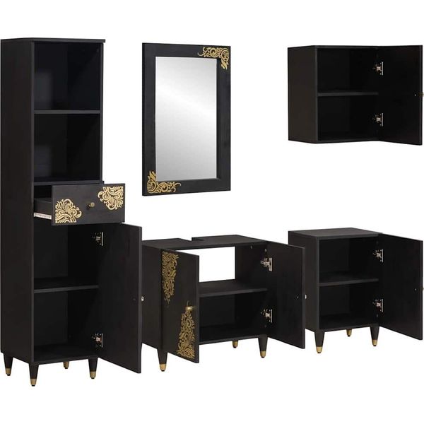 Vidaxl Set Di Armadietti Da Bagno Con Porta 5 Pezzi In Legno Massiccio Nero Mango-image