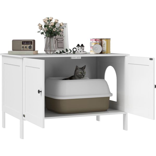Pawhut Armadio Per Lettiere Per Gatti Con Porta Divisoria A Muro Gabinetto Per Gatti Per Gatti Di Grandi Dimensioni Tavolo Laterale Grotta Per Gatti 80 X 51 X 54 Cm Bianco-image