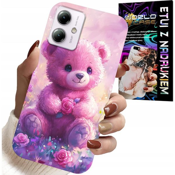 Custodia Per Motorola Moto G14 - Dolce Orsacchiotto Su Sfondo Rosa, Custodia + Vetro-image