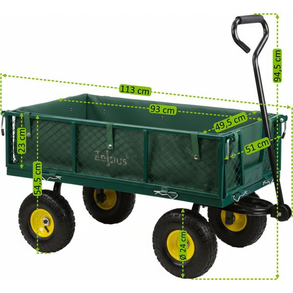 Carrello Manuale Zelsius, Portata 350 Kg, 105 Litri, Verde/Giallo, Carrello Manuale Con Pneumatici, Carrello Di Trasporto-image