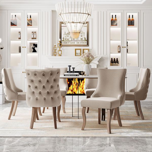 Set Di 6 Sedie Da Pranzo Flieks, Sedie Da Cucina Con Schienale Alto E Gambe In Legno Massiccio, Sedia Da Soggiorno In Velluto Sedia Da Pranzo Imbottita, Beige-image