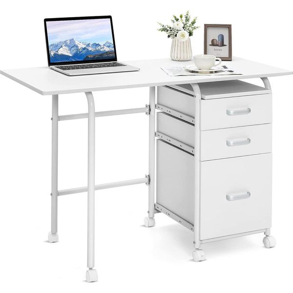Costway Scrivania Pieghevole Per Computer Con 3 Cassetti E Rotelle, Scrivania Con Struttura In Metallo, Scrivania Salvaspazio Per Ufficio, Scrivania Pieghevole Per Piccoli Spazi, 105 X 50 X 75 Cm (Bianco)-image