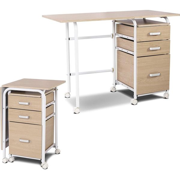 Costway Scrivania Pieghevole Per Computer Con 3 Cassetti E Rotelle, Scrivania Con Struttura In Metallo, Scrivania Salvaspazio Per Ufficio, Scrivania Pieghevole Per Piccoli Spazi, 105 X 50 X 75 Cm (Naturale)-image