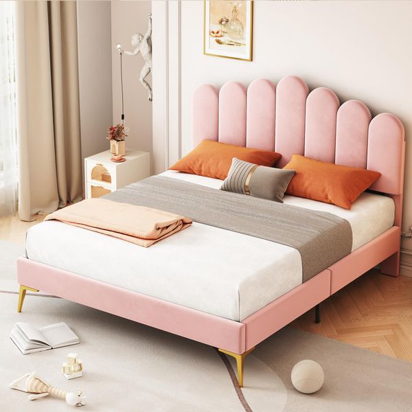 Letto Imbottito Merax 140X200Cm Con Testata A Forma Di Dita E Rete A Doghe, Letto Matrimoniale Con Testata Regolabile In Altezza E Rivestimento In Velluto Rosa-image