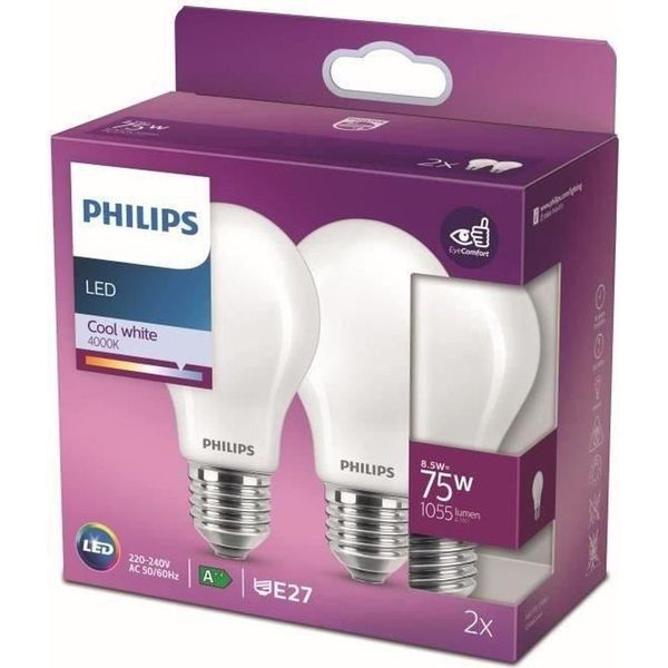 Philips Lampada Led Equivalente 75W E27 Bianco Freddo, Non Dimmerabile, In Vetro, Set Di 2-image