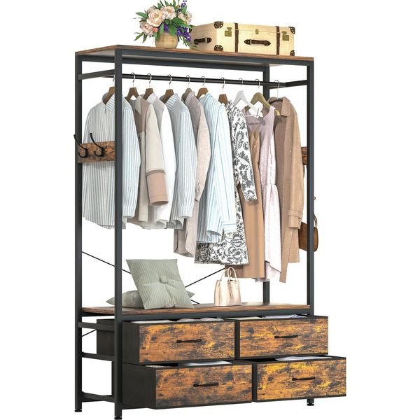 Appendiabiti Yorbay Appendiabiti Freestanding Con 4 Cassetti 4 Ganci Armadio Aperto, Legno E Acciaio Vintage-image