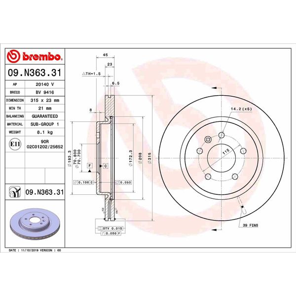 Brembo 09.N363.31 - Disco Freno Oe 13595819 Per Insignia B (Z18)-image