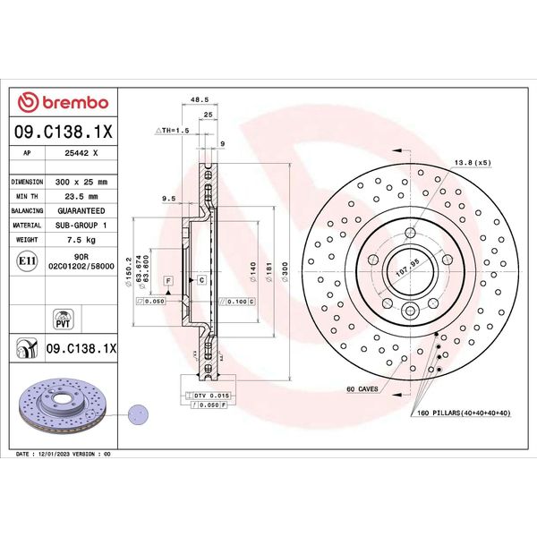 Brembo 09.C138.1X - Disco Freno Oe 31262719 Per C30 (533), C70 Ii Cabriolet (542), S40 Ii (544), V40 (525, 526), V50 (545)-image
