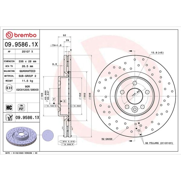 Brembo 09.9586.1X - Oe 30736313 Disco Freno Per S60 Ii (134), S80 Ii (124), V60 I (155, 157), V70 Iii (135), XC70 Ii (136)-image