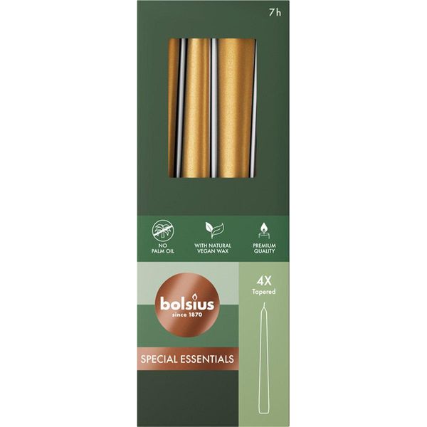 Bolsius Smooth Taper Candles - Metallic Gold - Set Di 4 Candele In Scatola - 24,5 Cm - Candele Decorative Per La Casa - Durata 7 Ore - Non Profumate - Cera Vegetale Naturale - Senza Olio Di Palma-image