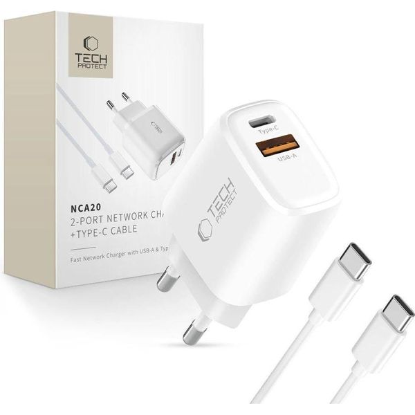 Tech-Protect Nca20 Pd 20W Qc3.0 Caricatore Usb-A / Usb-C + Cavo Usb-C / Usb-C 100Cm - Bianco-image