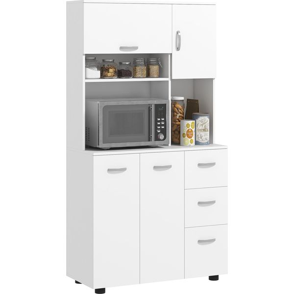 Homcom Mobile Da Cucina, Mobile Alto Con 3 Cassetti, Ripiani Regolabili, Buffet Da Cucina Con Ripiano Per Microonde, Per Soggiorno, Sala Da Pranzo, Bianco-image