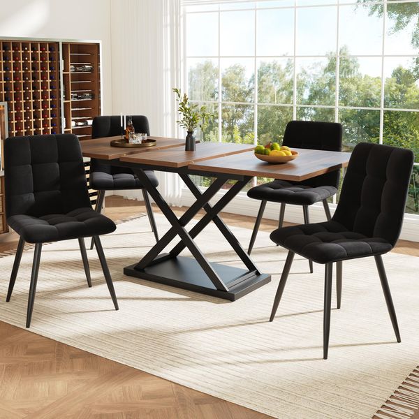 Set Da Pranzo Flieks 5 Pezzi, Tavolo Da Pranzo Allungabile Per 4 Persone, 120-160X80X76Cm, Tavolo Da Pranzo Color Noce, Sedie Imbottite In Velluto, Noce+Nero-image