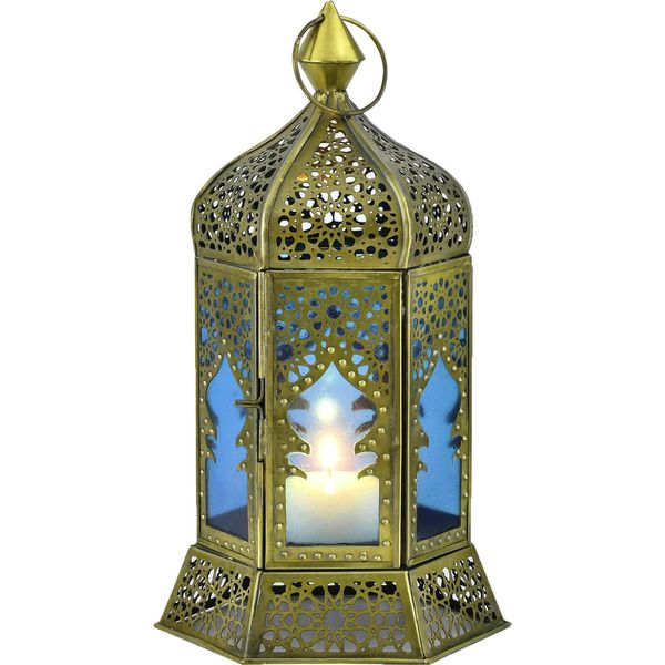 Orientale Decorativo Porta Tea Light Lanterna Vento Luce Labib Blu-image
