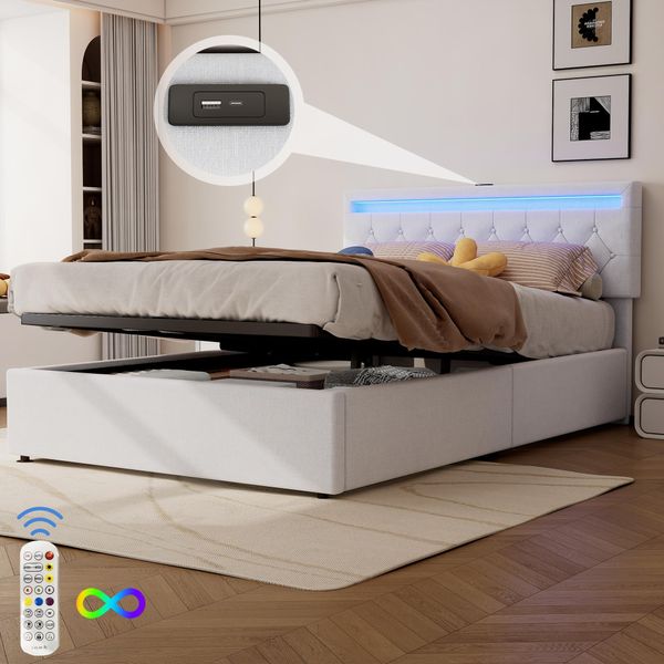 Letto Imbottito Merax 140X200 Cm, Letto Piano Con Led, Connessione Di Ricarica Usb E Type-C, Contenitore Idraulico, Letto Matrimoniale, Biancheria, Bianco-image