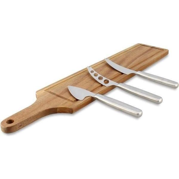 Tagliere Rettangolare In Legno Di Acacia Con 3 Coltelli Da Formaggio In Acciaio Inossidabile-image