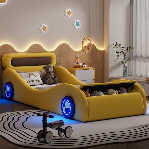 Letto Per Bambini Merax 90X200Cm, Letto Per Auto Con Ruote Led, Contenitore, Rete A Doghe, Letto Per Ragazzi, Letto Singolo, Letto Imbottito, Pu, Giallo-image