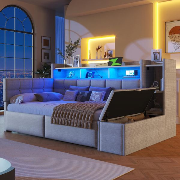 Flieks Divano Letto Da Giorno 90X190Cm Con Sgabello Idraulico, Letto Imbottito Letto Singolo Con Funzione Di Carico E Led, Letto Per Ragazzi In Velluto Con Ripiani, Grigio-image