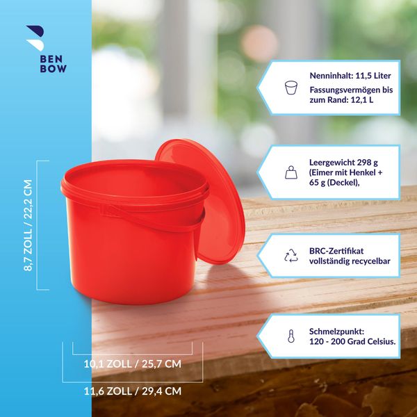 Secchio Benbow Con Coperchio 10L X10 Rosso - Sicuro Per Gli Alimenti, Robusto, Ermetico, A Prova Di Perdite, Inodore - Secchio In Plastica Con Manico - Vuoto-image