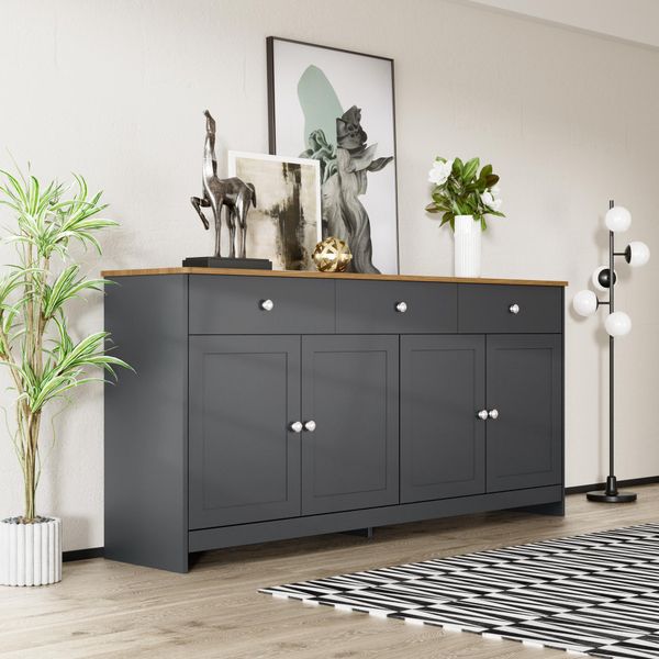 Cassettiera Merax A Tre Cassetti E Quattro Ante, Credenza In Stile Country, Credenza Mobile Da Soggiorno, 160X75X37Cm, Antracite-image