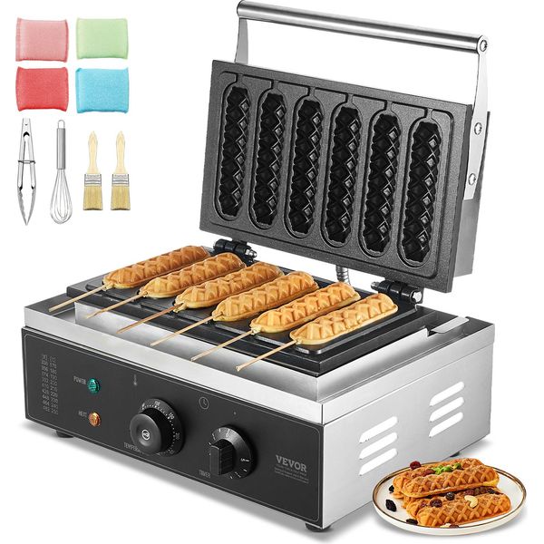 Vevor Ferro Per Waffle Commerciale, 6 Pezzi, Ferro Per Waffle Da 1500 W, Ferro Per Waffle Antiaderente In Acciaio Inox Per Hot Dog Di Mais Con Controllo Della Temperatura E Del Tempo, Maniglia, Per Ristorante, Panetteria-image