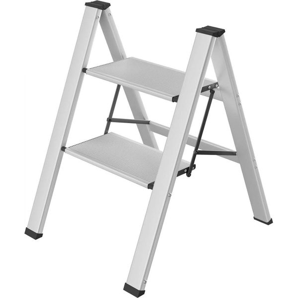 Scala Domestica - 2 Gradini - Alluminio - Pieghevole - Con Antiscivolo - Leggera - Max. 150 Kg-image