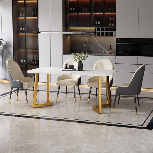 Tavolo Da Pranzo Sweiko 117X68Cm,(1-St), Struttura In Metallo Tavolo Da Pranzo Rettangolare Con Motivo Moderno In Marmo Tavolo Da Cucina Con Gambe In Metallo Per Sala Da Pranzo Soggiorno, Bianco, Oro/Bianco-image