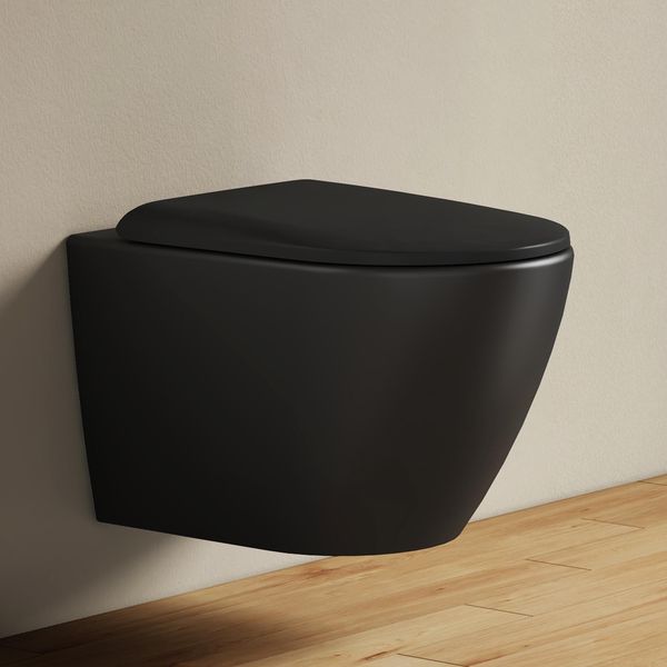 Emke Wc Sospeso In Ceramica Senza Bordo Wc Sospeso A Risparmio Idrico Con Scarico Diretto Doppio Foro Di Risciacquo Coperchio Con Chiusura Morbida Nero Opaco-image