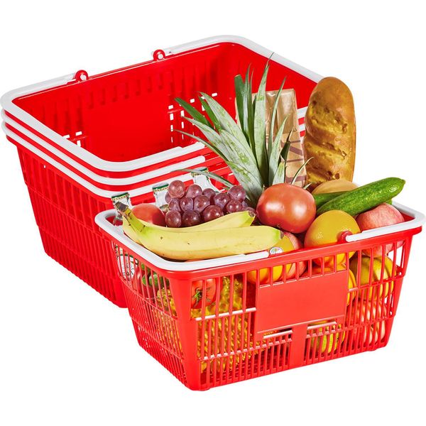 Cestino Per La Spesa Succebuy, 4 Pezzi, 21 Litri, Robusto Cestino In Plastica Pe Con Manici, Impilabile E Portatile, Ideale Per Generi Alimentari, Vendita Al Dettaglio, Negozi, Supermercati E Uso Domestico, Rosso-image