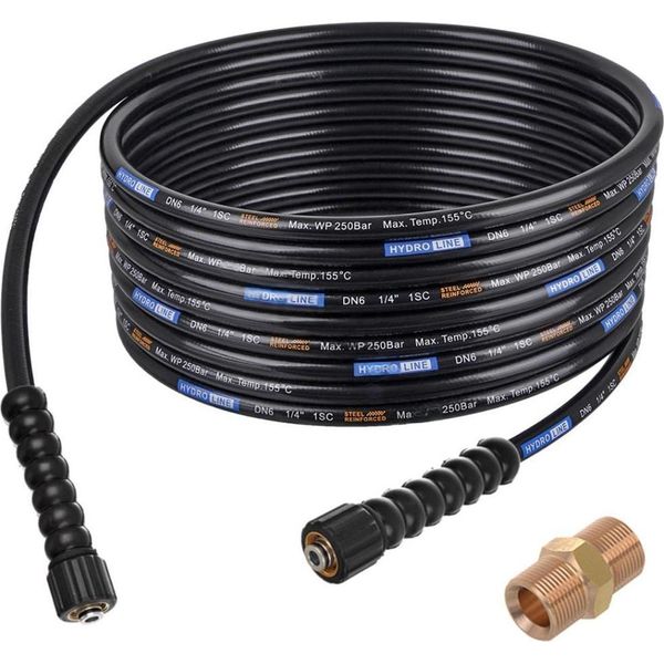 25 M Di Tubo Flessibile Ad Alta Pressione Smooth Con Superficie Liscia E Raccordo M22 - M22 E Adattatore Di Prolunga Per Lavastoviglie Krcher Hd, Hds E Kranzle DN6-image