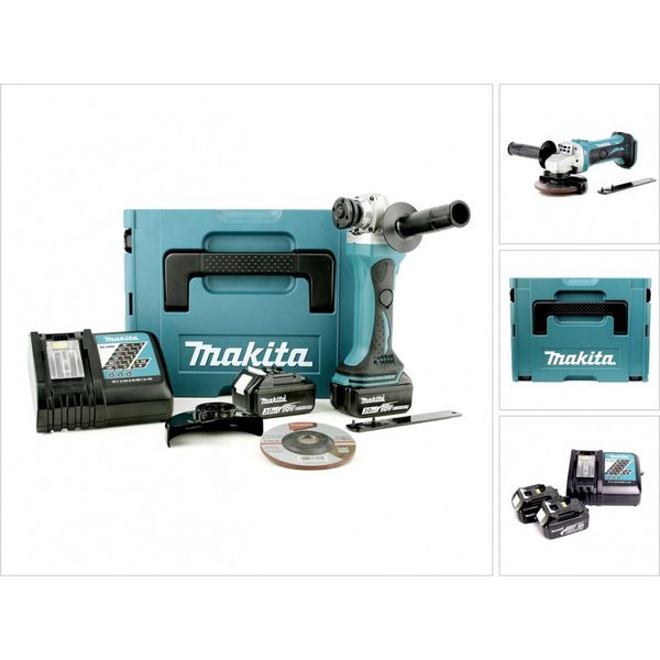 Makita Bga 452 Rfj Smerigliatrice Angolare A Batteria 18V 115Mm + 2X Makita Batterie BL1830 B + Caricabatterie + Valigetta Makpac-image