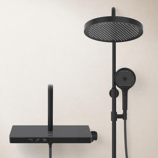 Sistema Doccia Emke® Con Termostatico Doccia A Pioggia Rotonda Con Ripiano In Vetro Da 40 Cm, Rubinetteria Per Vasca E Doccia, Doccetta 3 Modalità Di Getto + Bocca Inferiore Nera F22-image