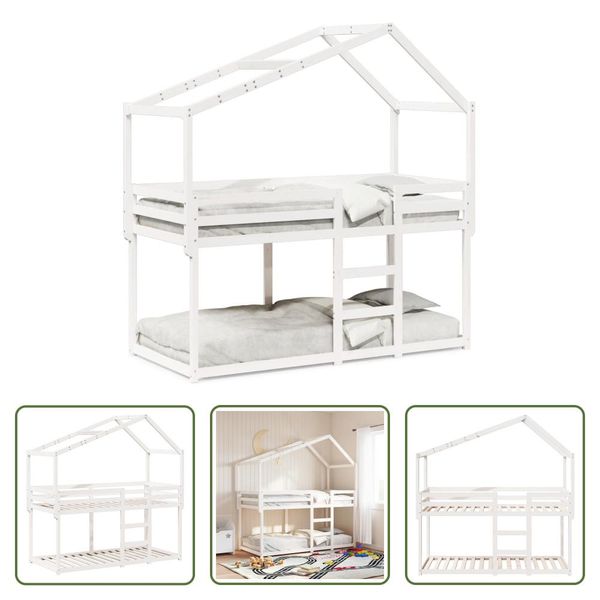 The Living Store Letto A Castello Con Tetto Bianco 75X190 Cm In Legno Di Pino Massiccio-image