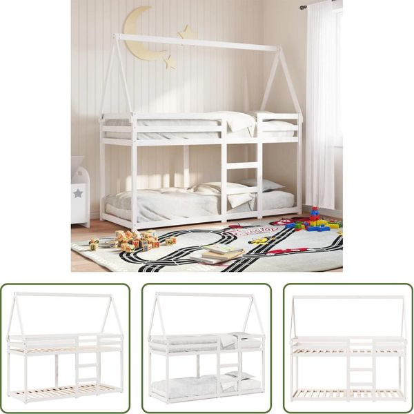 The Living Store Letto A Castello Con Tetto Bianco 75X190 Cm In Legno Di Pino Massiccio-image