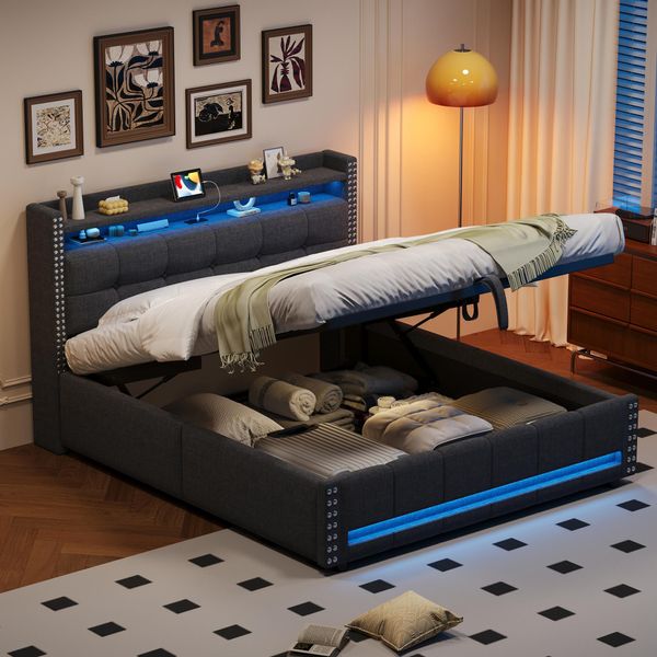 Letto Imbottito Flieks 160X200Cm Con Funzione Di Ricarica (Usb E Presa Di Corrente), Letto A Molle Insacchettate Con Contenitore, Letto Per Ragazzi Letto Matrimoniale Con Led, Biancheria, Grigio-image
