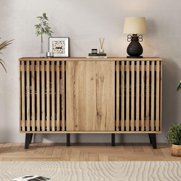 Credenza Merax 150 Cm, Cassettiera A 3 Ante E 6 Scomparti, Mobile Da Soggiorno Con Ante In Legno, Mobile Contenitore, Aspetto Legno, Naturale + Nero-image