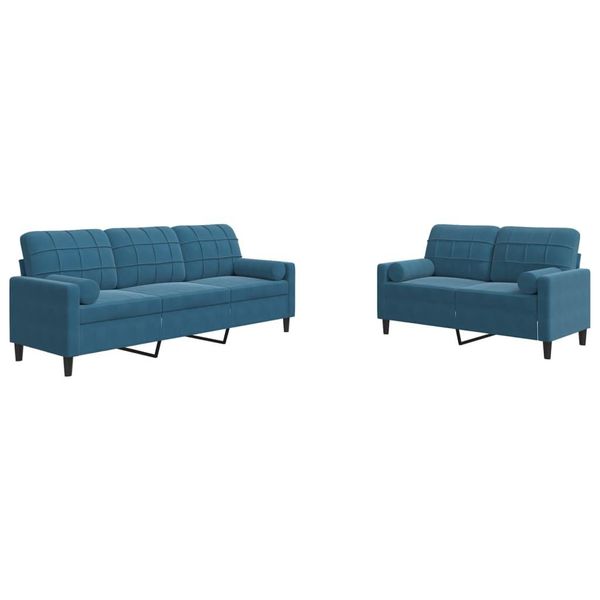 Syfax™ Set Di Divani 2 Pz Con Cuscini E Rinforzi Blu In Velluto-image
